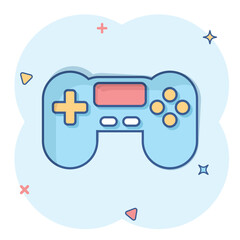 Joystick sign icon in comic style. Gamepad vector cartoon illustration on white isolated background. Gaming console controller business concept splash effect.