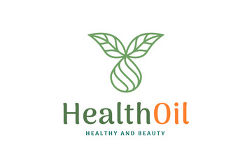health and beauty logo with leaf shape and oil or liquid drop