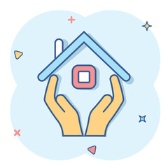 Home care icon in comic style. Hand hold house vector cartoon illustration on white isolated background. Building quality business concept splash effect.