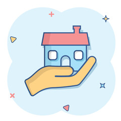 Home care icon in comic style. Hand hold house vector cartoon illustration on white isolated background. Building quality business concept splash effect.