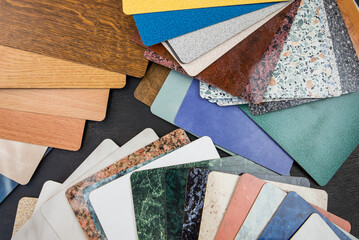 A sample of laminated chipboard and countertops. - obrazy, fototapety, plakaty