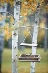 The sparrow bird is sitting in the feeder. The time of the year is autumn. Taking care of animals and birds in the cold season.