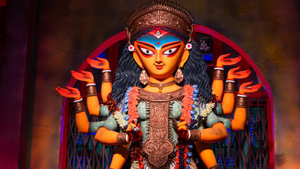 Goddess Durga idol at puja pandal in Kolkata, West Bengal, India.