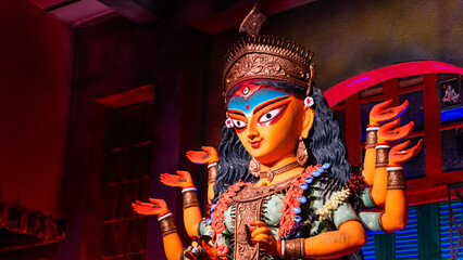 Goddess Durga idol at puja pandal in Kolkata, West Bengal, India.
