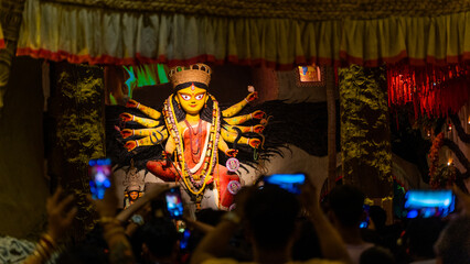 Goddess Durga idol at puja pandal in Kolkata, West Bengal, India.
