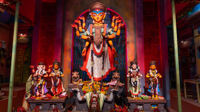 Goddess Durga idol at puja pandal in Kolkata, West Bengal, India.