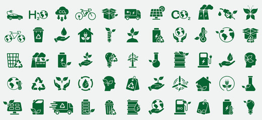 Save Environmental Ecology Silhouette Icon Set. Eco House, Car, Factory Clean Natural Environment Symbol. Solar Electric Renewable Power. Green Energy Glyph Pictogram. Isolated Vector Illustration