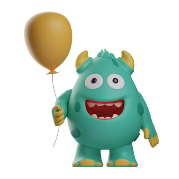 3D illustration. 3D Cartoon Cute Monster character with a balloon. standing in a strange pose. showing a cute smiling expression. 3D Cartoon Character