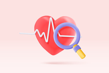 3d red heart with white pulse line with magnifier monitor. heartbeat or cardiogram for healthy lifestyle, pulse beat measure, cardiac assistance, medical healthcare. 3d vector icon render illustration - obrazy, fototapety, plakaty