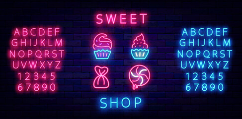 Sweet shop neon icons collection. Cupcake, candy sign. Glowing emblem. Blue and pink alphabet. Vector illustration