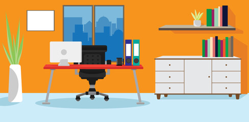 Flat design vector illustration of modern creative office workspace, workplace with computer. The office of a creative worker. Flat minimalist style and colors with long shadows.