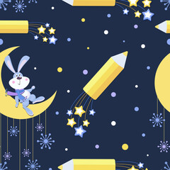 Cartoon rabbit. Month. Symbol of the new year. Rabbit sits on moon with snowflakes. Seamless pattern