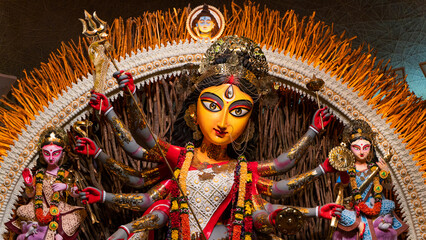 Goddess Durga idol at puja pandal in Kolkata, West Bengal, India.