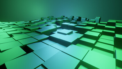 Shifted green blue metallic floor tiles or square cubes abstract 3D background, interior pattern wallpaper