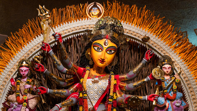 Goddess Durga idol at puja pandal in Kolkata, West Bengal, India.