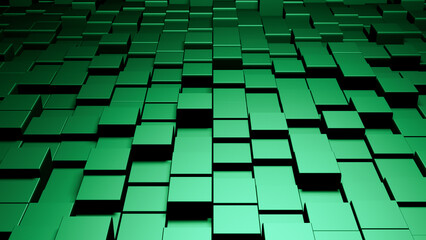 Shifted metallic floor tiles or square cubes abstract green perspective 3D background, interior pattern wallpaper