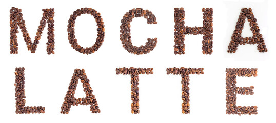 MOCHA LATTE headline from roasted coffee beans on white background
