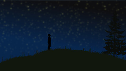 Obraz na płótnie Canvas A person stands on a hill next to a pine tree and looks up at the dark blue starry sky, vector illustration