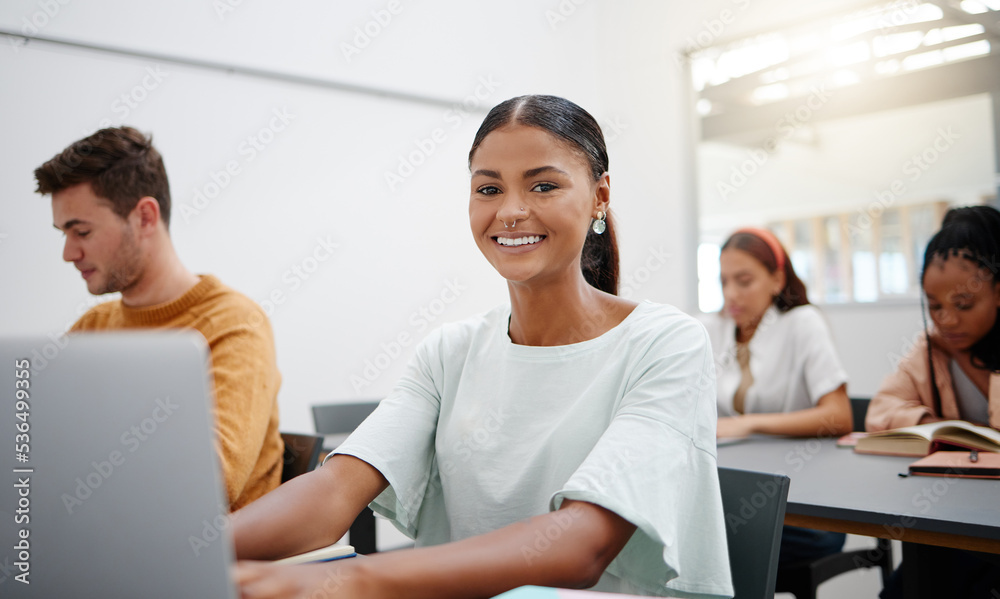 Poster college student portrait, lecture classroom and laptop typing notes, learning and education for scho
