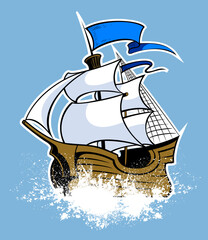 Cartoon style wooden ship for sea travel with white sails and blue flags. Vintage corsair type sailboat isolated on light blue background.