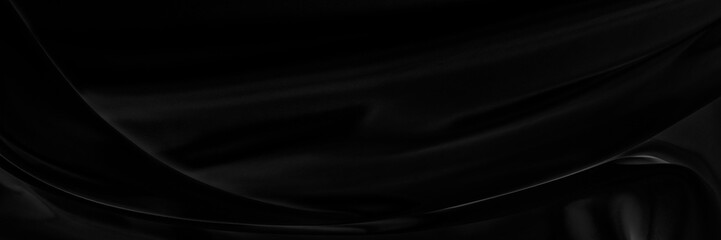 Black gray satin dark fabric texture luxurious shiny that is abstract silk cloth panorama background with patterns soft waves blur beautiful.