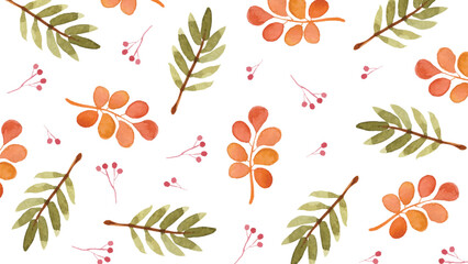Watercolor background with ash leaves. Ash green leaves watercolor illustration. Vector watercolor pattern with ash leaves. Pattern of branches with orange leaves.