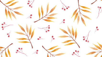 Fototapeta na wymiar Watercolor background with ash and viburnum leaves. Ash yellow leaves watercolor illustration. Vector watercolor pattern with orange ash leaves.