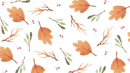Watercolor botanical background with oak leaves. Oak brown leaves watercolor illustration. Vector watercolor pattern  oak leaves and branches. Pattern of branches and leaves. Plant pattern viburnum.