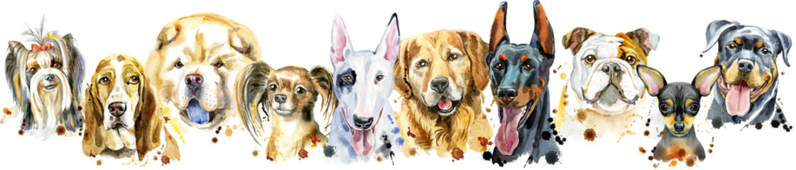 Border from watercolor portraits of dogs for decoration