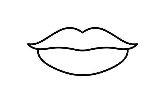 Beautiful Woman Lips. Icon. Black White Color. Human Female Lips in a Linear Style. Front view. Outline. White background. Vector image for Beauty and Cosmetic Design. Editable Stroke.