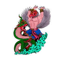 Legendary animal fighting illustration (Naga - Garuda) isolated on white background.