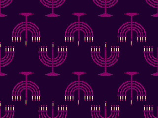 Pixelated menorah with nine Hanukkah candles seamless pattern. Happy Hanukkah greeting card in pixel art style. Menorah in the style of 8-bit video game graphics. Vector illustration