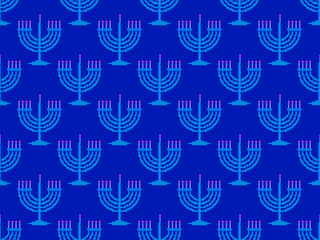 Pixelated menorah with nine Hanukkah candles seamless pattern. Happy Hanukkah greeting card in pixel art style. Menorah in the style of 8-bit video game graphics. Vector illustration
