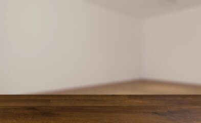 Elegant office interior. Mixed media. 3D rendering.. Background with empty wooden table. Flooring.