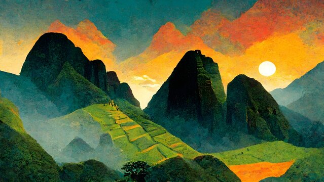 Beautiful colorful illustration of the green hills with a warm orange sunset