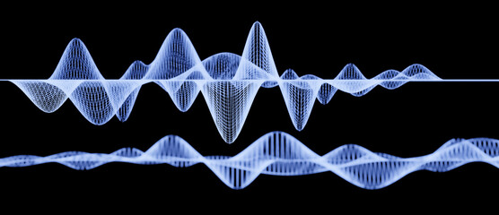 Illustration of two overlapping abstract wireframe sound waves, visualization of frequency signals audio wavelengths, conceptual futuristic technology waveform background with copy space for text
