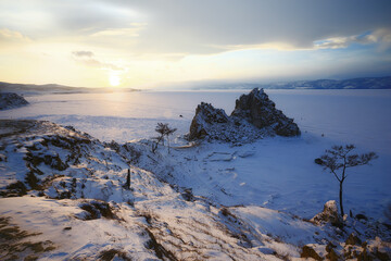 winter landscape nature lake baikal shamanka rock olkhon island