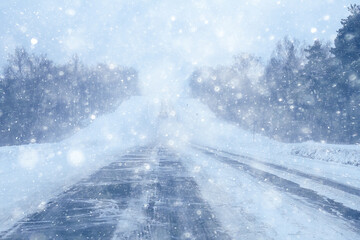 winter highway snowfall background fog poor visibility