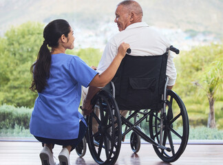 Healthcare, disability and man in wheelchair with nurse on retirement or nursing home patio. Senior...