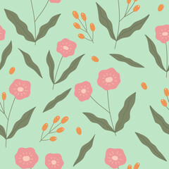Vector floral seamless pattern. Cute wild flowers and berries on green background. Beautiful summer floral repeat background. Floral print design for textiles, wrapping paper, gift paper, fabric.