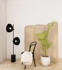 home interior with  black chair ,green plant , floor lamp,rattan partition , cream color  fabric and  white wall  with cozy atmosphere background 3d render
