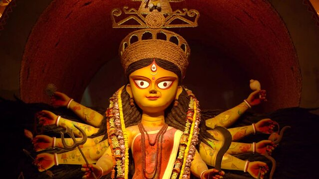 Goddess Durga idol at puja pandal in Kolkata, West Bengal, India.