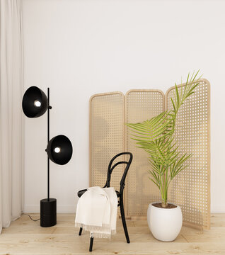 home interior with  black chair ,green plant , floor lamp,rattan partition , cream color  fabric and  white wall  with cozy atmosphere background 3d render