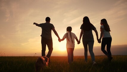 people in the park. silhouette of a big happy family on a walk with a dog at sunset in a field in...