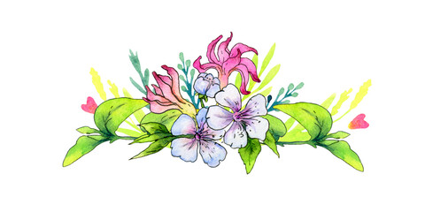 composition of watercolor hyacinth flowers, apple tree and green leaves on a white background.