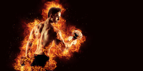 Athletic man training biceps at the gym with fire effect