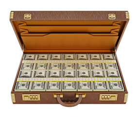 Open vintage briefcase full of money  isolated on transparent background
