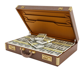 Open vintage briefcase full of money  isolated on transparent background