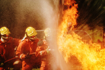 silhouette of Firefighters wear firefighting clothing with equipment. Learn skills and simulate firefighting events.