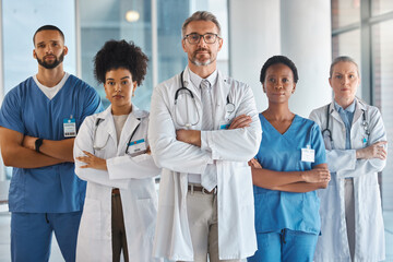 Doctors, nurses and team portrait in hospital, clinic or medical office. Diversity, health and...